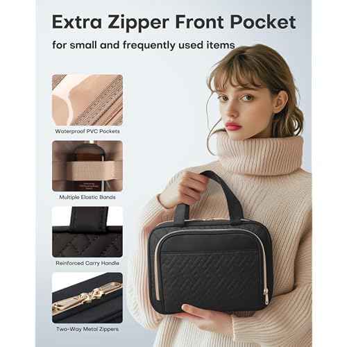 HOTOR Travel Toiletry Bag for Women & Men, Waterproof Makeup Bag with Hanging Hook and Multiple Pockets, Cosmetic Bags for Women, Travel Essentials, 11.2'' x 3.2'' x 8.9'', Black