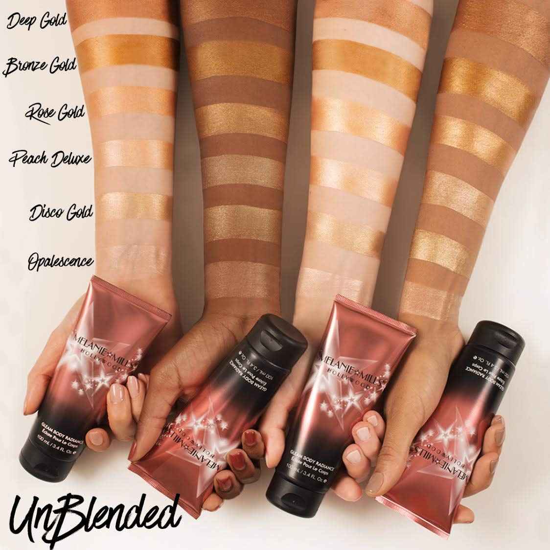 Melanie Mills Hollywood Gleam Body Radiance All In One Makeup, Moisturizer & Glow For Face & Body - Bronze Gold, 3.4 fl.oz.