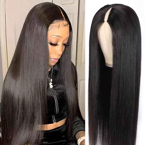 Pobokix Straight V Part Wigs Human Hair Upgrade U Part Human Hair Wigs for Black Women Glueless Clip In Half Wig 180% Density Natural Color (10inch)