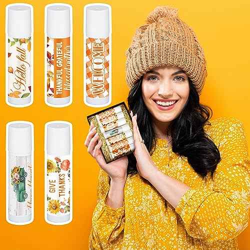 25 Pcs Hello Fall Autumn Lip Balms Favors Bulk Fall Halloween Thanksgiving Lip Balm Party Gifts Basket Stuffers Small Thank You Appreciation Gift for Women Men Staff Coworkers