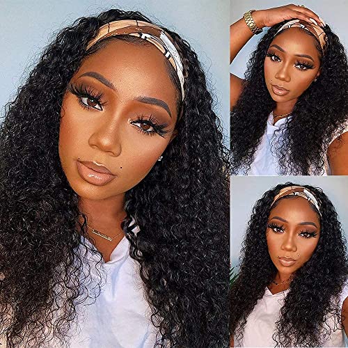 WENYAN Headband Wig Human Hair Deep Wave 20 Inch Wigs for Black Women Glueless None Lace Front Curly Wave Wig Brazilian Virgin Hair Wear and Go Wigs Machine Made 150% Density Natural Color