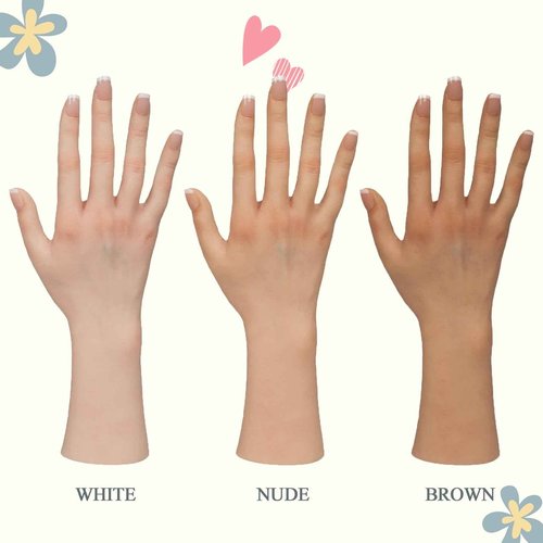 CUAIBB Realistic Female Silicone Hand Mannequin Hand Model Fake Hand with Skeleton for Manicurist Reusable Acrylic Nails Display Jewelry Props - Brown Pair of Hands