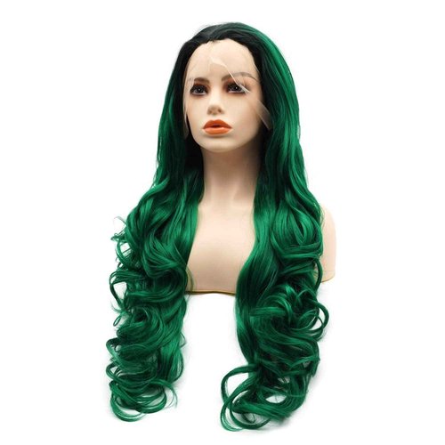 LUSHY BEAUTY Hair Synthetic Lace Front Wig Wavy Long 26inch Dark Root Green Ombre Heavy Density Heat Resistant Realistic Wig