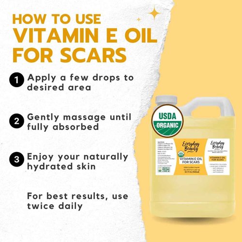 Organic Vitamin E Oil Bulk - 32oz USDA Certified 100% All Natural Plant Based - Light and Unscented Great for Scars After Surgery - For Face, Skin and Nails - Anti-Aging, Reduce Appearance of Wrinkles