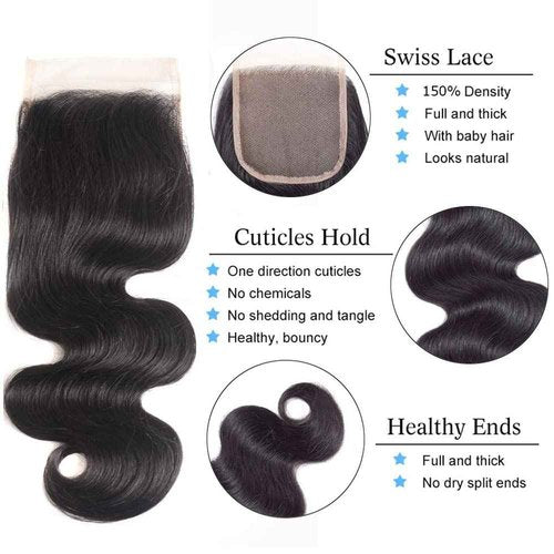 Body Wave Bundles with Closure Brazilian Human Hair 3 Bundles with Closure(18 20 22+16) Body Wave 100% Unprocessed Virgin Hair Bundles with 4x4 Lace Closure Free Part Natural Color Body Wave