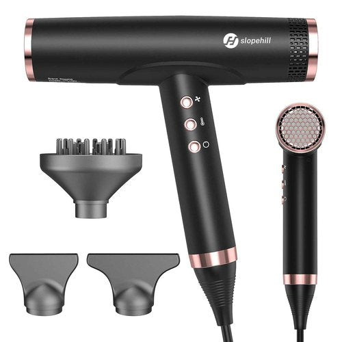 slopehill Professional Ionic Hair Dryer with Diffuser - Lightweight, Compact, Powerful & Fast Salon Blow Dryer with High Speed Brushless Motor for Travel, Women & Men (Ceramic, Black)