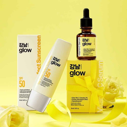 GANGNAM GLOW Vitamin C Serum 1.01 fl oz & Day Shield Perfect Sunscreen SPF 50 - Christmas Gifts for Women I Stocking Stuffers | Gift Set | Korean Skin Care I Face Moisturizer I Tinted Moisturizer