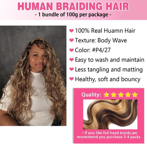 Human Braiding Hair P4/27 Body Wave Bulk Human Hair for Braiding No Weft 1 Bundle 100g 10A Brazilian Curly Human Hair Extensions for Boho Braids (22 Inch)