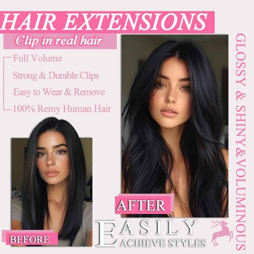 Clip in Hair Extensions Real Human Hair, #1 Jet Black Human Hair Extensions, 22 Inch 7Pcs 115g Human Hair Clip in Extensions, Double Weft Seamless Invisible Extensions Human Hair for Women