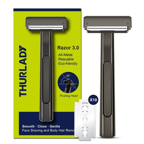 THURLADY Razors for Men, Dual-Blade Safety Razor with Pivoting Head, Reusable Metal Shaving Razor, with 10 Double Edge Blades, Smooth Close Shave, Matte Black