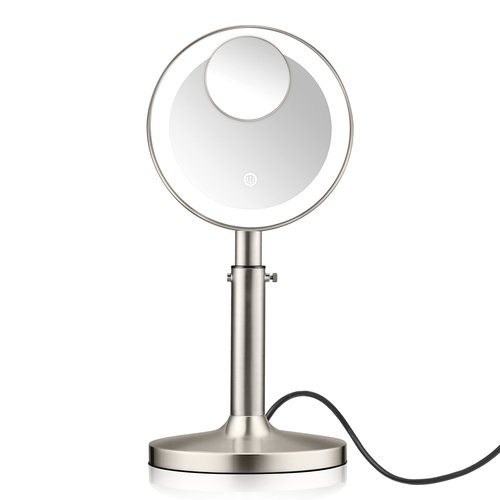 Conair Lighted Makeup Mirror, LED Vanity Mirror, 1X/5X Magnifying Mirror with Adjustable Telescoping, Corded in Brushed Nickel