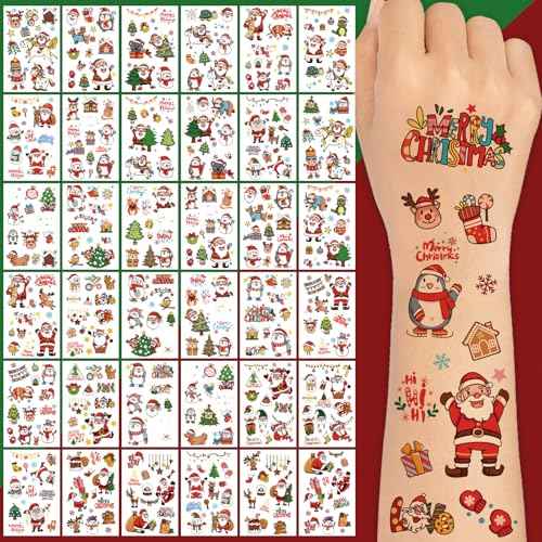 36 Sheets Christmas Temporary Tattoos for Kids Girls Boys, 252+ PCS Xmas Tree Santa Claus Tattoos Stickers Women, Christmas Stocking Stuffers Gifts Fake Tattoos for Adult Party Supplies Favors Decors