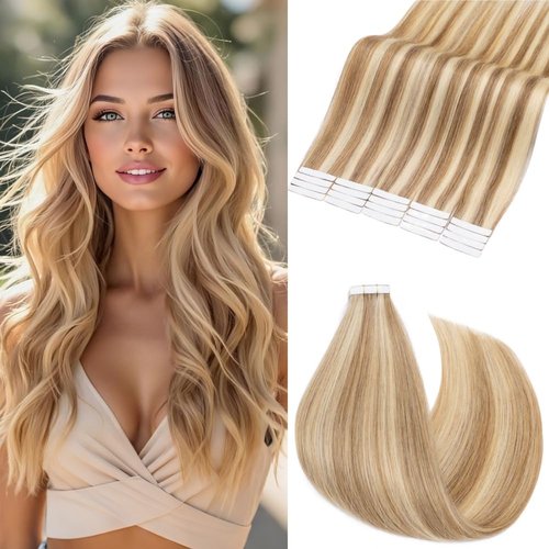 Rich Choices Tape in Hair Extensions Human Hair, 40pcs 100g 100% Remy Tape Hair Extensions Real Human Hair,Seamless Tape in Hair Extension 16 Inch #12P613 Golden Brown Highlighted Bleach Blonde