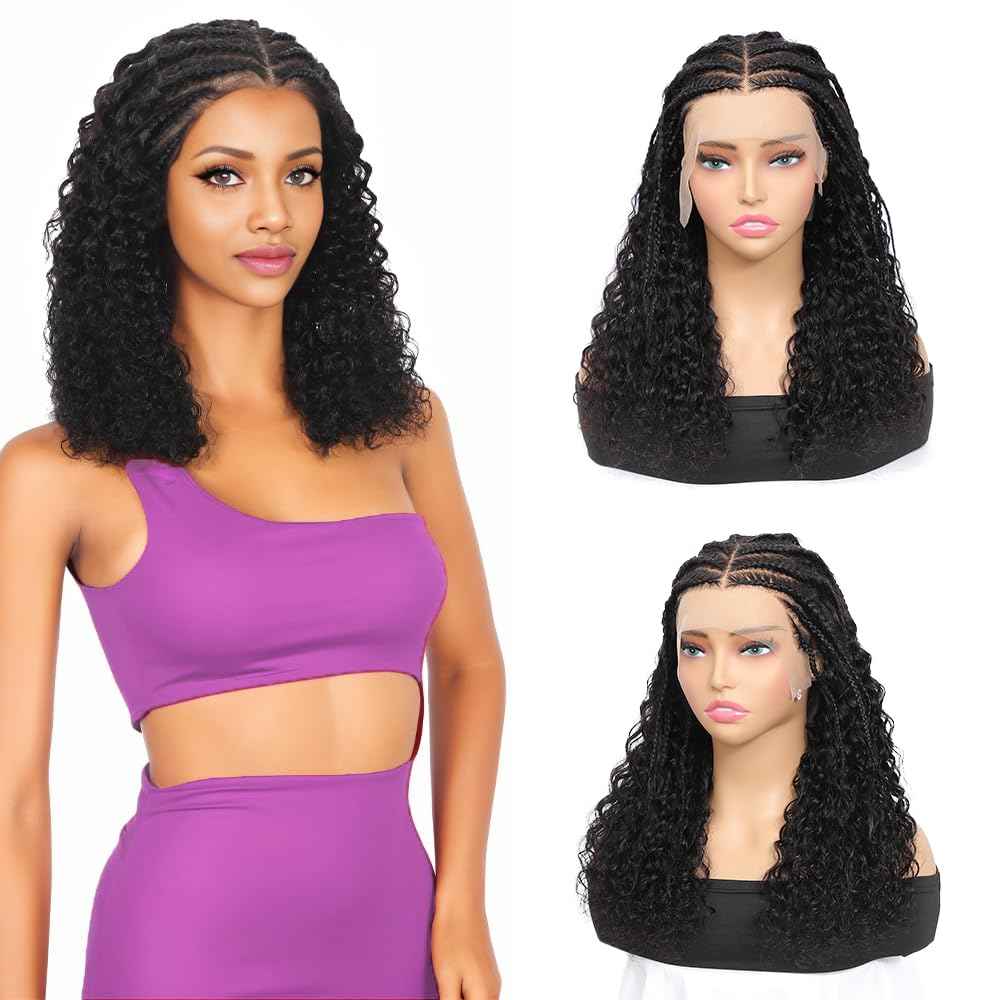 13X6 Braided Lace Front Wigs Human Hair Ready to Go Curly Wave Wigs for Black Women Pre Plucked Natural Hairline Deep Curly HD 180% Density Bob Wig Knotless Box Braids Wigs(braided wig, 16inch)