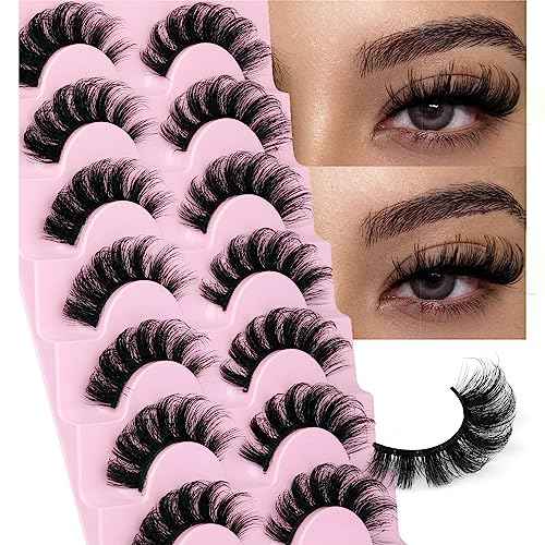 Mink Lashes Fluffy Wispy Lashes Natural Look 3D False Eyelashes D Curl Russian Strip Lashes 7 Pairs Short Fake Eyelash Pack by EYDEVRO