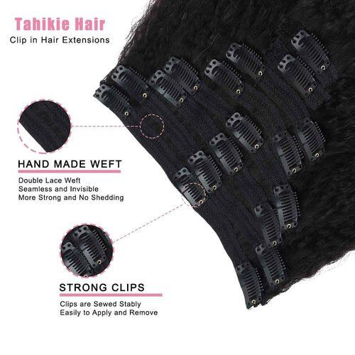 Tahikie Kinky Straight Human Hair Clip in Extensions 120g Full Head Clip ins for Women 100% Unprocessed Brazilian Virgin Human Hair Yaki Straight Clip ins Remy Hair Natural Black 8Pcs 18Clips 26inch