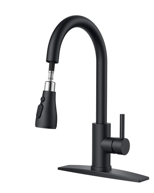 FORIOUS Black Kitchen Faucet with Pull Down Sprayer, High Arc Single Handle Classic Stainless Steel Sink Faucet 1 or 3 Hole, Suitable for Farmhouse Camper Laundry Rv Bar