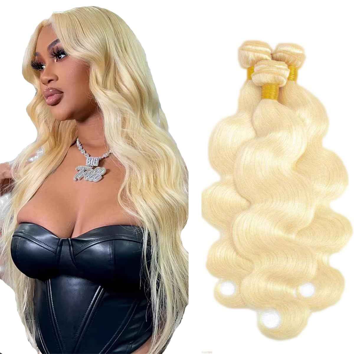 30 32 34 Inch Blonde Bundles Human Hair 613 Body Wave Bundles Double Weft Soft Real Blonde Hair Weave Grade 8A Peruvian Virgin Hair Extensions