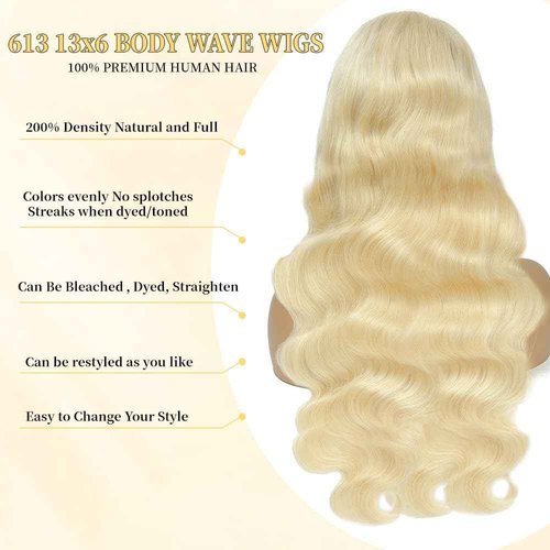 Femca 613 13x6 Lace Front Wig Human Hair 200 Density Blonde Wig Human Hair HD Lace Frontal Wig Pre Plucked 100% Real Human Hair Easily Stained 24 Inch
