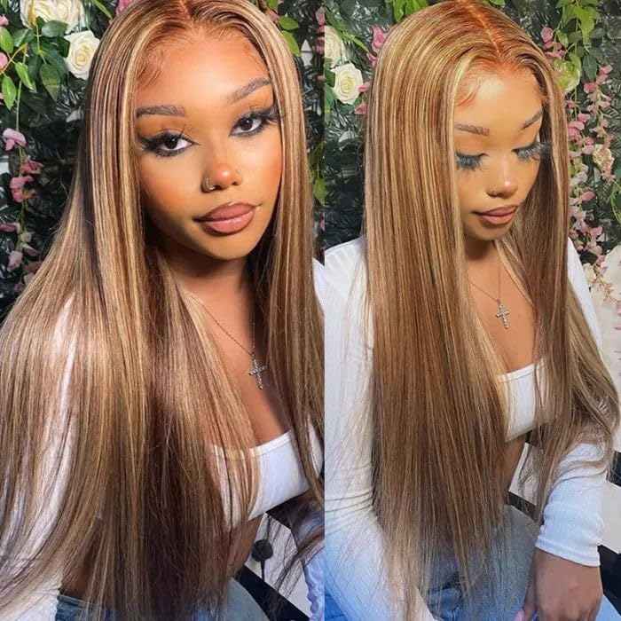Highlight Lace Front Wigs Human Hair For Women 13x4 HD Transparent 4/27 Honey Blonde Lace Frontal Wigs Pre Plucked with Baby Hair 150% Density Colored Straight Lace Front Wigs 26 Inch