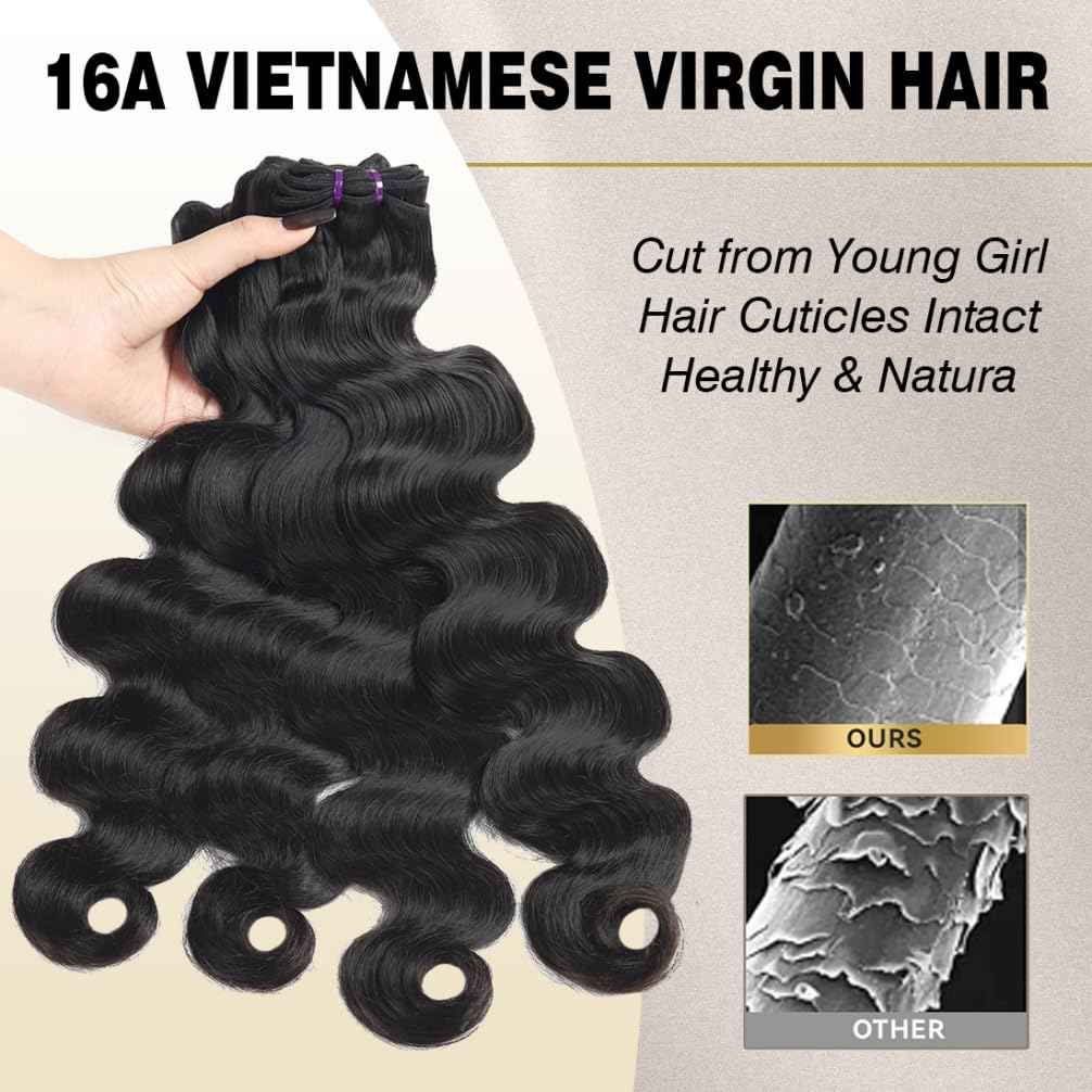 Menalue Human Hair Body Wave Bundles 14 16 18 Inch 16A Raw Vietnamese Virgin Human Hair Bundles Body Wave 3 Bundles Human Hair Full and Thick Natural Black Color Hair Extensions