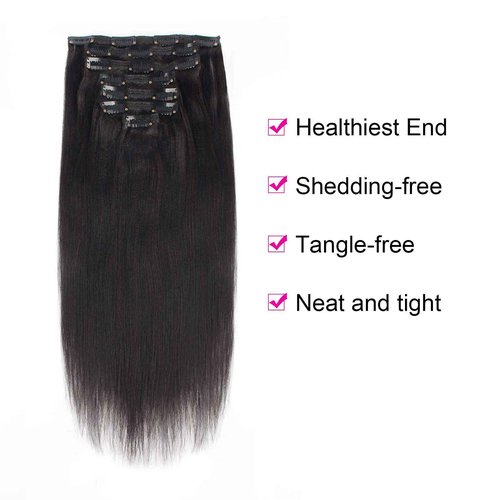 Lovrio Brazilian Virgin Yaki Straight Clip in Human Hair Extension Double Weft Straight Clip in Hair Extensions Human Hair for Women Thick20 Inch Natural Black Yaki Clip ins Hair120G 7 Pieces,17 Clips