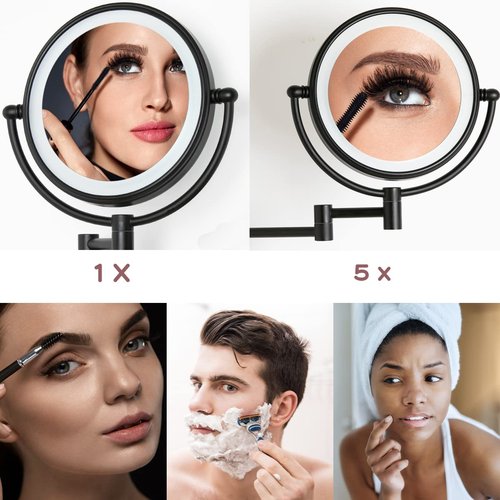 RECKODOR 8" Brass Wall Mounted Lighted Makeup Vanity Mirror with Magnification, 1X/5X Double Sided Bathroom Magnifying Mirrorwith with Dimmable LED Lights, Matt Black, Plug Powered