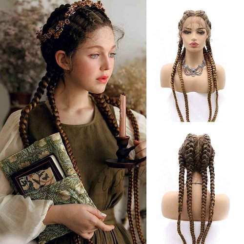 variouswig 4 Twist Lace Front Braid Wig Nature Looking with Baby Hair Synthetic Wigs Hand Tied Heat Resistant Fiber 4 Braided Daily Wear Wigs for Women 30 Inches (Brown)