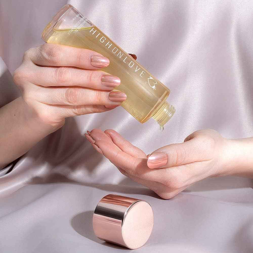 HIGHONLOVE Natural Body Oil with Hemp Seed, Grape Seed, & Vitamin E Oil - Moisturizing Body Glow with a Non-Greasy, Glowy Finish by High On Love (120 ml) (Strawberries & Champagne)