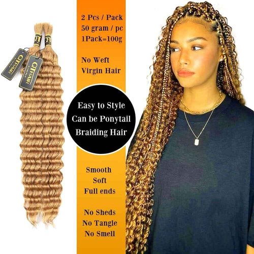 QTHAIR 16A Grade Deep Wave Bulk Human Hair for Braiding, 18 Inch, 200g, Honey Brown #27, Human Bulk Hair for Micro Braiding No Weft, Curly Human Hair for Boho Braids