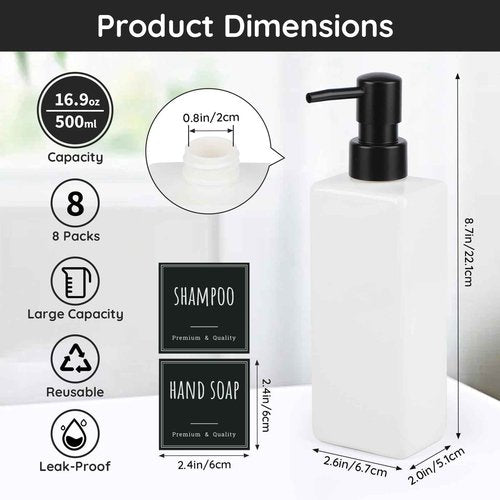 Segbeauty Hand Dish Soap Dispenser Set, Pack of 8 Modern Soap Dispenser Bathroom, 500ml 16.9oz Refillable Shampoo and Conditioner Bottles with Waterproof Labels, Shampoo Containers for Shower Wash
