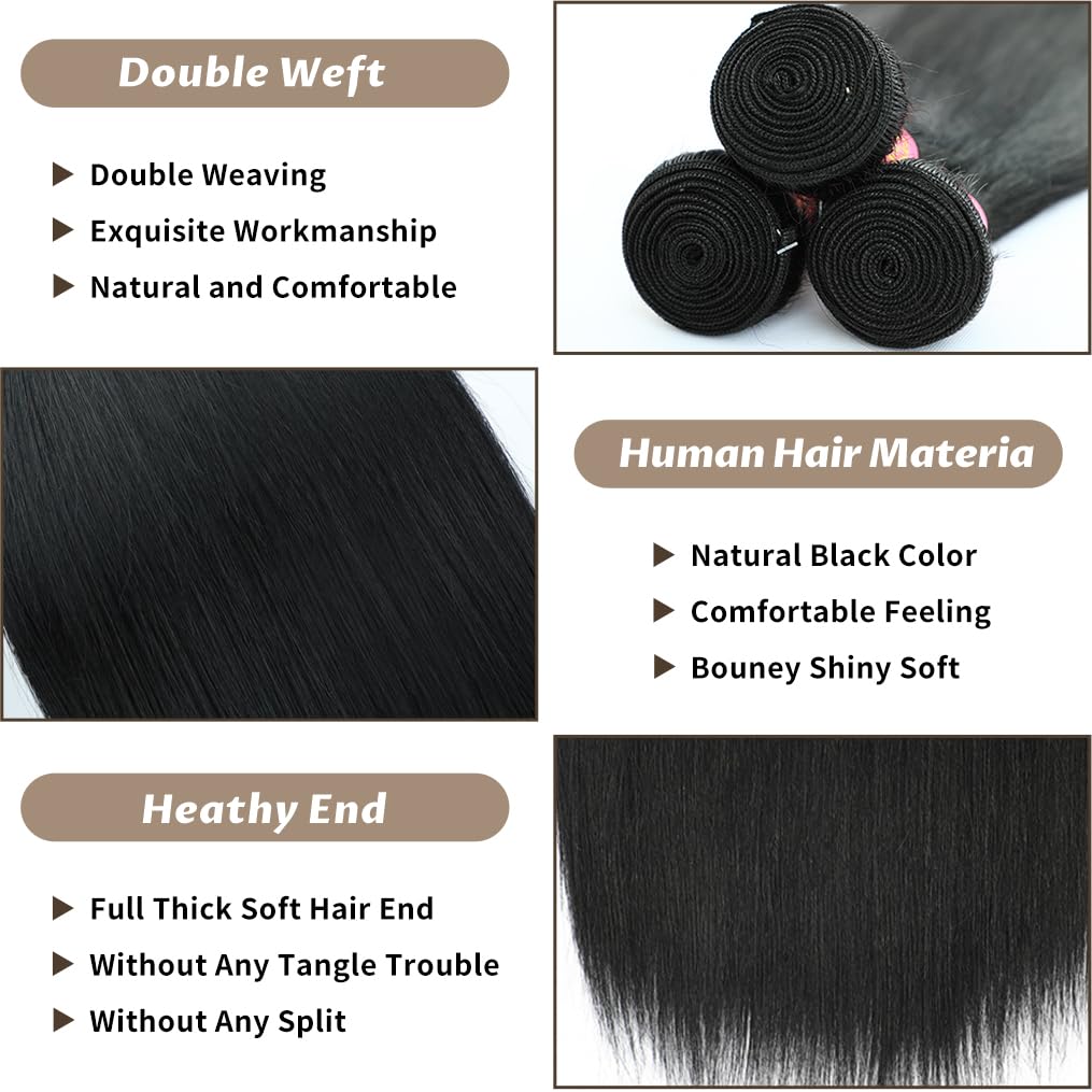 12A Straight Bundles Human Hair 20 22 24 Inch Human Hair Bundles 100% Unprocessed Brazilian Virgin Hair for Women Quick Weave Hair 3 Bundle Deals Hair Extensions Natural Black