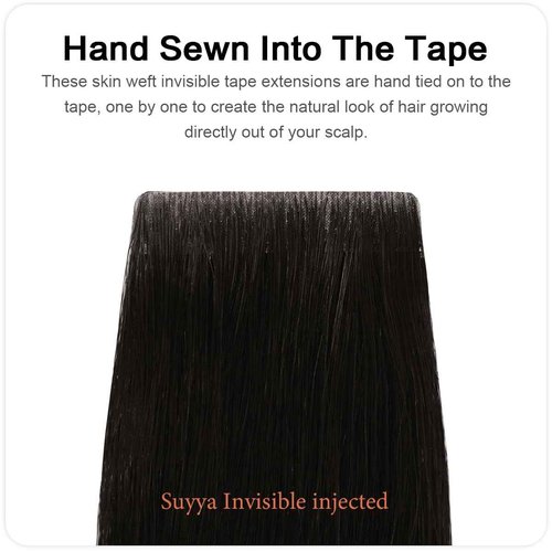 SUYYA Invisible Tape in Hair Extensions Human Hair Natural Black Seamless Injected Hand-Tied Pro Quality Virgin Human Hair 20PCS 50G/Pack Straight Tape Ins(18 inch #1B Off Black)