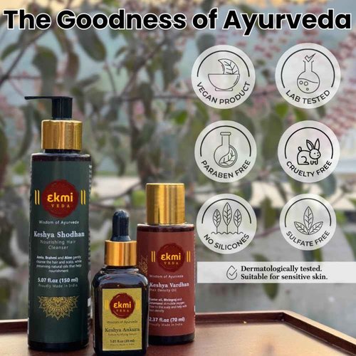 EKMIVEDA Hair Growth Set With Ayurvedic Herbs- Amla, Bhringraj, Castor, Rosemary For Hair Growth. Sulfate Free Hair Thickening Product,3 Pcs - Oil, Shampoo & Serum, 8.45 Fl Oz