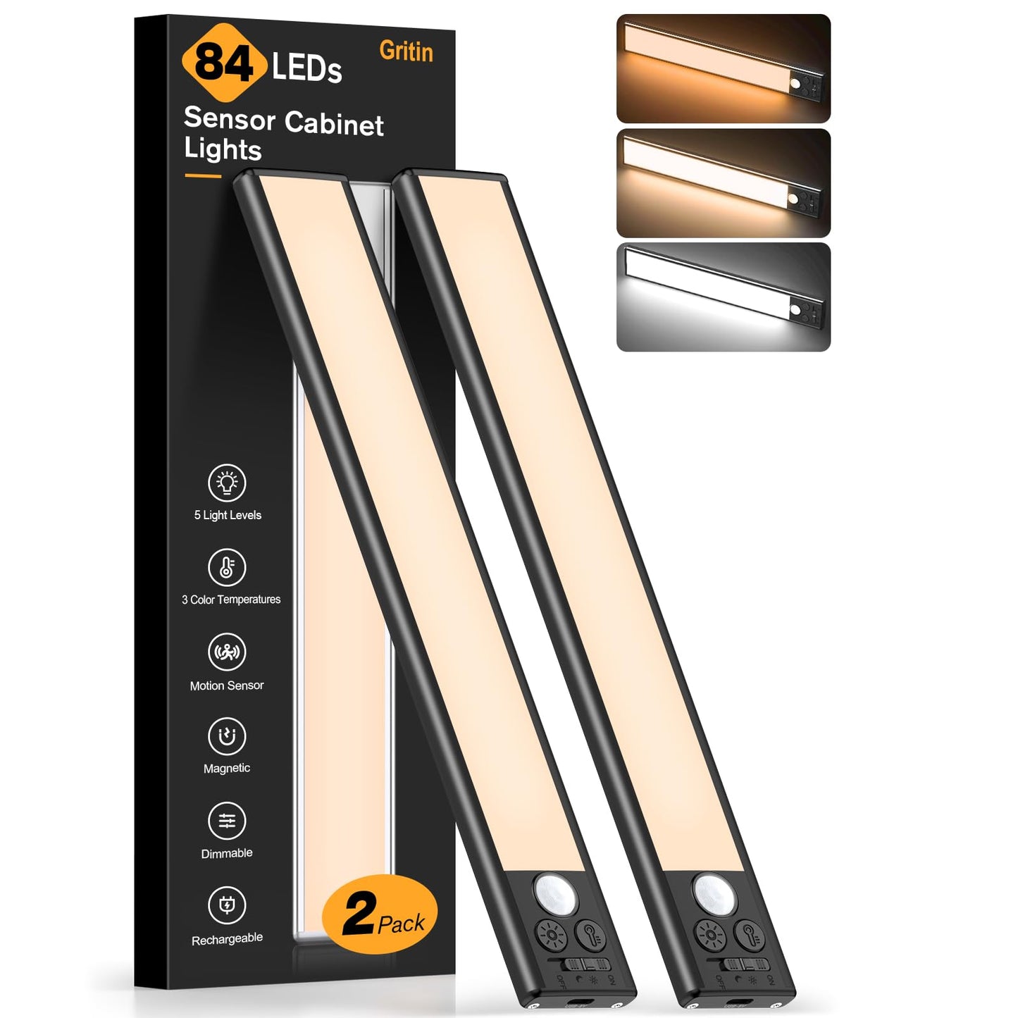 Gritin 10.2inch Under Cabinet Lighting Rechargeable -84 LED Super Bright,3-Color& 5 Level Brightness,4 Modes,Motion Sensor, Long Lasting- Easy Installation Magnetic Closet Lights -2 Pack-Black