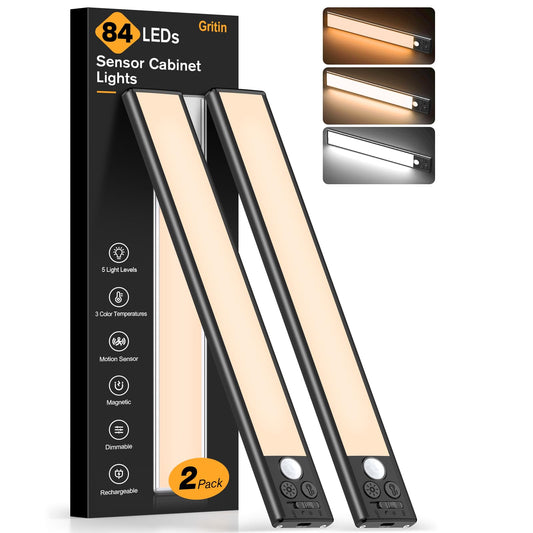 Gritin 10.2inch Under Cabinet Lighting Rechargeable -84 LED Super Bright,3-Color& 5 Level Brightness,4 Modes,Motion Sensor, Long Lasting- Easy Installation Magnetic Closet Lights -2 Pack-Black