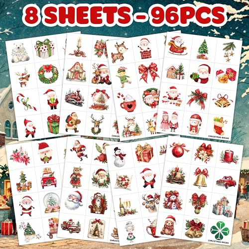 96PCS Christmas Temporary Tattoos Stickers Pre-Cut Themed Christmas Birthday Party Decorations Supplies Favors Decor Winter Xmas Santa Claus for Women Kids Adults Gifts Prizes Rewards