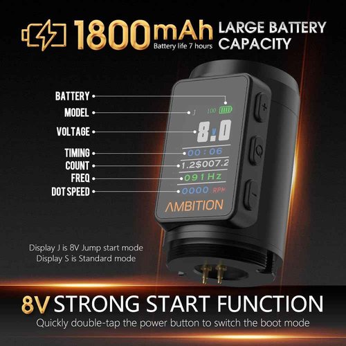 Ambition Vibe Max Wireless Tattoo Machine Dual 1800mAh LED Digital Display Screen - Rotary Tattoo Cartridge Pen with Main Drive Brushless Motor Tattoo Gun for Tattoo Artists