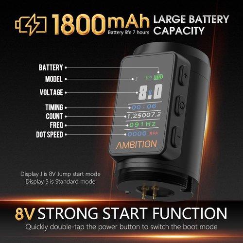 Ambition Vibe Max Wireless Tattoo Machine with 1800mAh LED Digital Display Screen,Rotary Tattoo Cartridge Pen with Main Drive Brushless Motor Tattoo Gun for Tattoo Artists