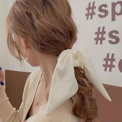 Silky Satin Hair Scarf Scrunchies with Ribbon Tails - Elastic Ponytail Holders for Women and Girls in Black, White, Beige for Thick and Thin Hair, 3PCS