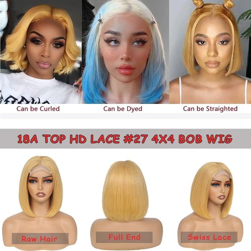 MUPRETTY 18A Raw Hair Blonde Bob Wigs Human Hair 4x4 Lace Closure Wig 27# Honey Blonde Wig Human Hair Keep Silky And Smooth After Multiple Washes(14Inch)