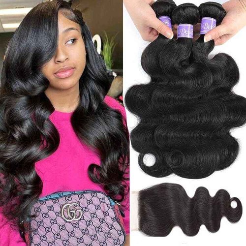 UDesire Human Hair Bundles with Closure 18 20 22+16 Inch Bundles with Closure 100% Brazilian Virgin Body Wave 3 Bundles Human Hair with 4x4 Lace Closure Natural Black