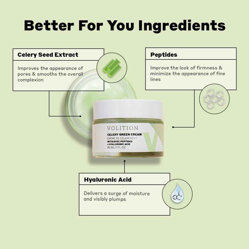 Volition Beauty Celery Green Cream with Hyaluronic Acid + Peptides - Purifies, Minimizes Pores and Controls Oil - 1oz