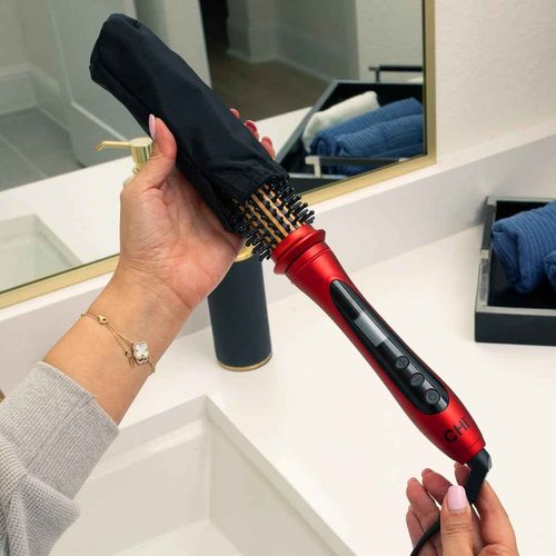 CHI Tourmaline Ceramic Series Heated Round Brush, Reduces Frizz & Adds Shine To Hair, Adjustable Temperature & Automatic Shut-Off, 1.25" Barrel, Ruby Red