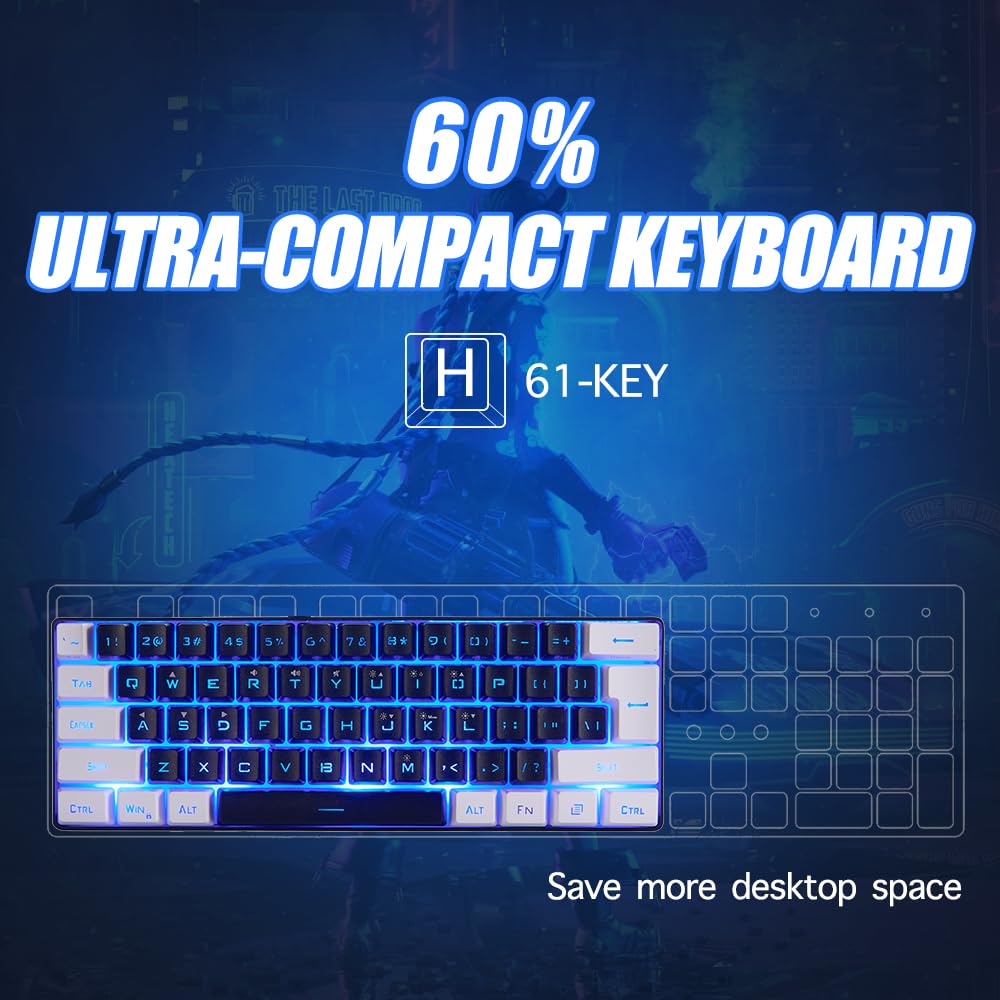 abucow Gaming Keyboard Minimalist Portable Wired Ultra-Compact Mini Imitation 61 Keys RGB Backlit Keyboard (Black-White)