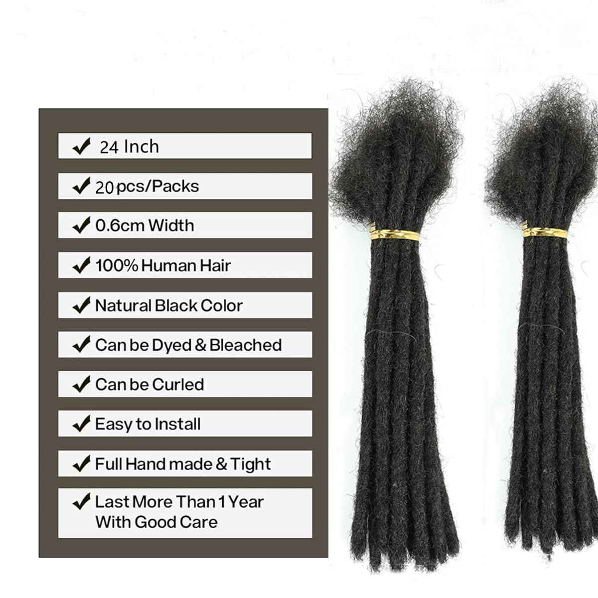 Loc Extensions Human Hair for Women Men Kids 0.6cm Width 24 Inch 20 Strands Natural Black 100% Handmade Permanent Locs Dreadlock Extensions Real Human Hair Can Be Curled and Bleached