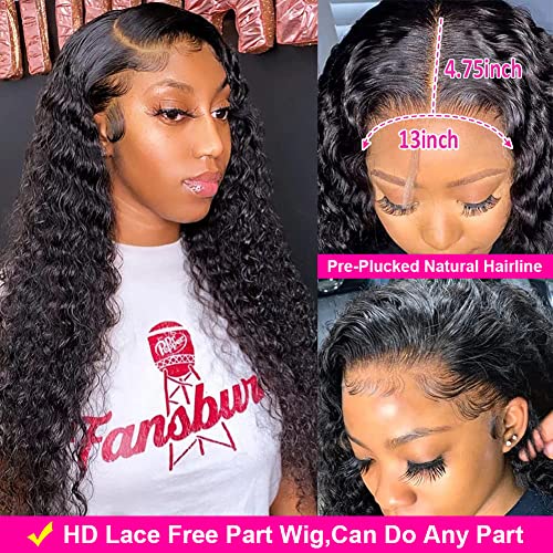 180 Density 13x4 HD Lace Front Wigs Human Hair Pre Plucked with Baby Hair Transparent Glueless Brazilian Deep Wave Frontal Wigs for Women Natural Black Color