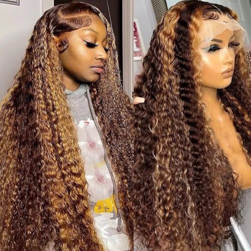Highlight Ombre 13x4 HD Lace Front Human Hair Wig 26 inch 4/27 Deep Wave 180% Density Honey Blonde Curly Glueless Lace Frontal Wig For Women Pre Plucked with Baby Hair