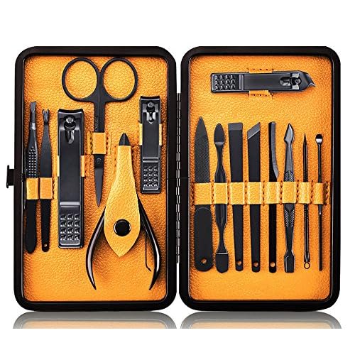 Professional Stainless Steel Nail Clipper Travel & Grooming Kit Nail Tools Manicure & Pedicure Set of 15pcs with Luxurious Case (Black/Yellow)
