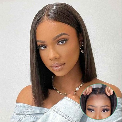 Wavymy 6x4 Glueless Bob Wigs Human Hair Straight Wear and Go Glueless Wig 180% Density HD Lace Front Wigs Human Hair Middle Part Wigs Pre Cut Lace Brazilian Virgin Human Hair for Beginners 12 inch